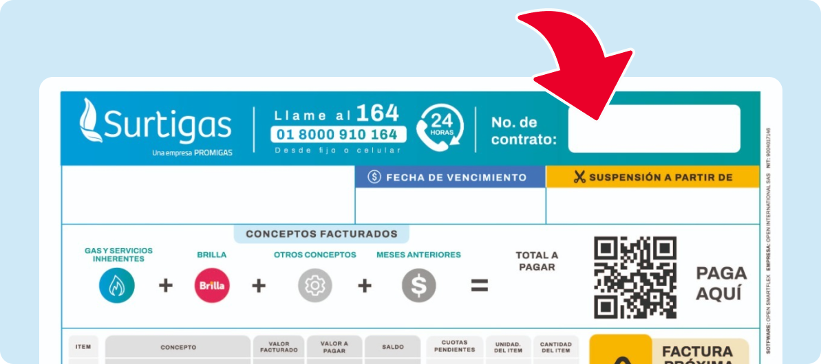 Ejemplo de factura con indicación del número de contrato